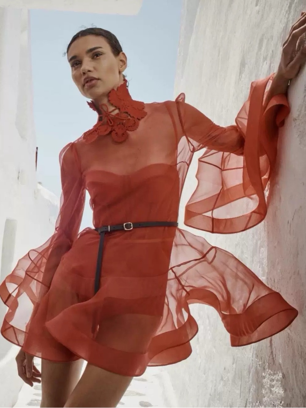 Designer-style Sheer Lantern Chiffon Red Bell-Sleeve Mini Dress - Picture 2 of 7